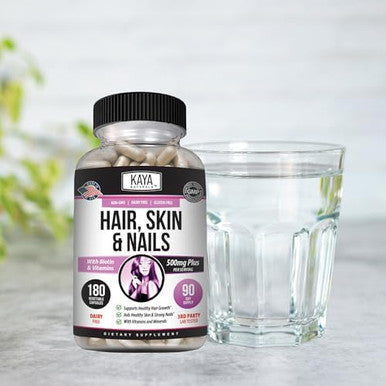 Kaya Naturals Hair Skin Nail Capsules BIOTIN Vitamin D Vitamin B-12 A Folic Acid Support Hair Support Vitamin Supplement
