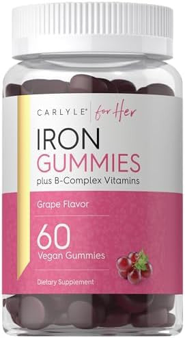 Carlyle Iron Gummies Plus B-Complex Vitamins 60 Vegan Gummies Grape Flavor Non-Gmo, Gluten Supplement