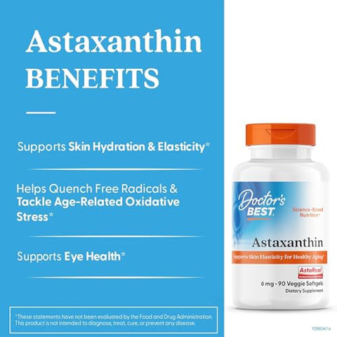Doctor'S Best Astaxanthin Vegan Supplement 6 Mg - Skin Elasticity & Antioxidant Support For Men & Women Extract From Haematococcus Pluvialis Microalgae Non Gmo Gluten Free 90 Veggie Softgels