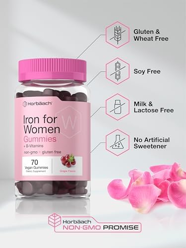 Horbaach Iron Gummies for Women 70 Count Grape Flavor Supplement with B Vitamins Folate and Zinc Vegan NonGMO and Gluten Free