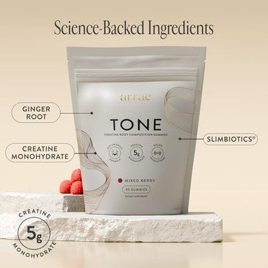 Arrae Tone Gummies Creatine Monohydrate 5g for Women Support Lean Muscle Strength and Recovery Hormone Friendly Muscle Toning Supplement Mixed Berry Flavor 90 Count
