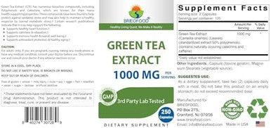 Brieofood Green Tea Extract 1000 Mg Per Serving (Min 50% Polyphenols) - 250 Capsules - 3Rd Party Lab Tested For Purity & Quality
