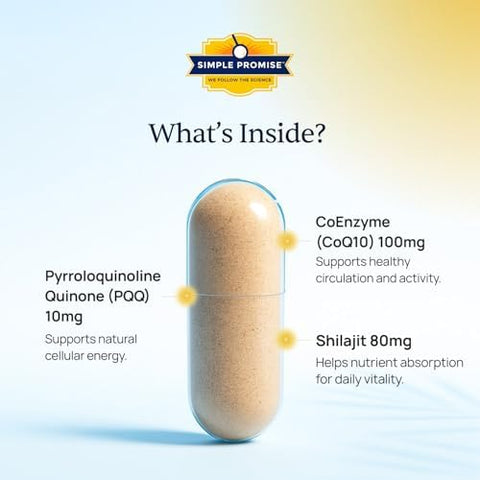 Simple Promise Cardioclear7 - Coenzyme Q10 (Coq10) 100Mg And Pqq 10Mg Heart Health Supplement With Shilajit - Supports Circulation Cellular Energy & Cardiovascular Health - 30 Capsules