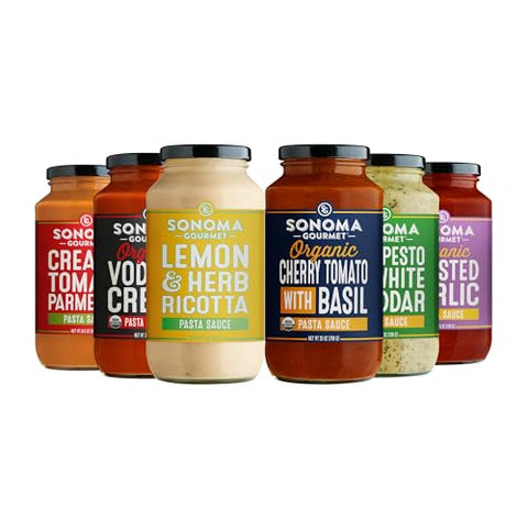 Sonoma Gourmet Pasta Sauce Variety Pack | 6 Flavors: Lemon Herb Ricotta, Vodka Cream, Kale Pesto, Creamy Tomato Parmesan, Cherry Tomato Basil & Roasted Garlic | No Sugar Added | Non-GMO | 25oz Jars