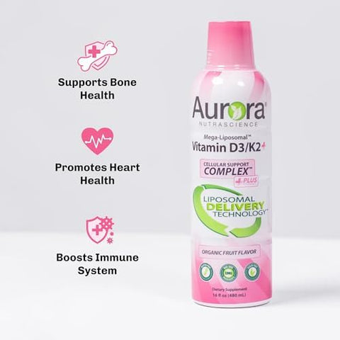 Aurora Nutrascience Mega Liposomal Vitamin D3K2+ VIT C and Liquid Glutathione + VIT C Bottle Bundle Support in Cognitive Health and Immune System 32 Servings Each