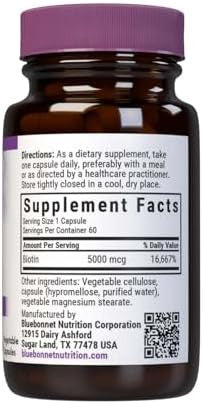 Bluebonnet Nutrition Biotin 5000 Mcg Hair & Nail Support Nongmo Vegan Kosher Gluten Soy Dairy 60 Vegetable Capsules 60 Servings