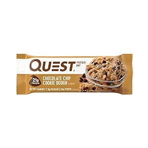 Quest Nutrition Protein Bar, Chocolate Chip Cookie Dough, 21g Protein, 4g Net Carbs, 190 Cals, Low Carb, Gluten Free, Soy Free, 2.12oz Bar, 1 Count