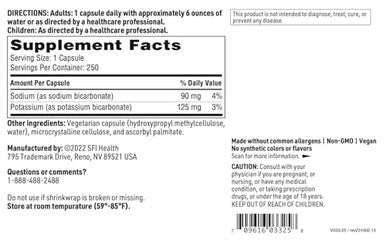Sfi Health Sodium Bicarbonate & Potassium Bicarbonate Supplement - Key Components Help Maintain Healthy Ph (Acid/Base) Balance - Gastrointestinal Support - Bi-Carb Formula (250 Capsules)