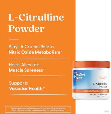 Doctors Best Lcitrulline Powder (Kyowa Quality) Supports Circulatory Health Nongmo Gluten Soy Vegan Net Wt. 7 Oz (200 Grams)