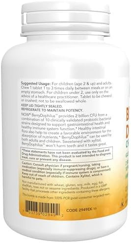 Now Foods Supplements Berrydophilus With 2 Billion 10 Probiotic Strains Xylitol Sweetened Strain Verified 120 Chewables Packaging May Vary
