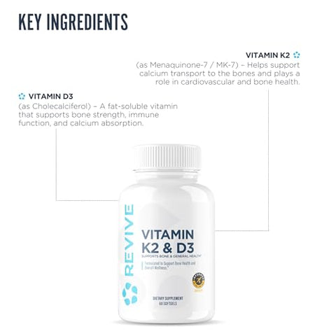 REVIVE MD Vitamin D3 and K2 Supports Bone Health and Muscle Strength K2 and D3 Vitamin Supplement for Women and Men Health and Brain Function