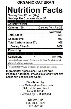 Oat Bran, 80 Ounces or 5 Pounds USDA Certified Organic, Non-GMO Bulk, Mulberry Lane Farms