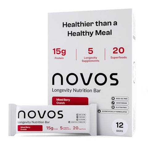 Novos Longevity Protein Bar Peanut Butter 15G Protein 5 Longevity Supplements 20 Superfoods Organic Olive Oil Seed Oil Targets Causes Of Aging Skin Mind And Mood Support 12Pack