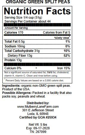 Green Split Peas 5 Pounds USDA Certified Organic Non-GMO Bulk, Product of USA, Mulberry Lane Farms