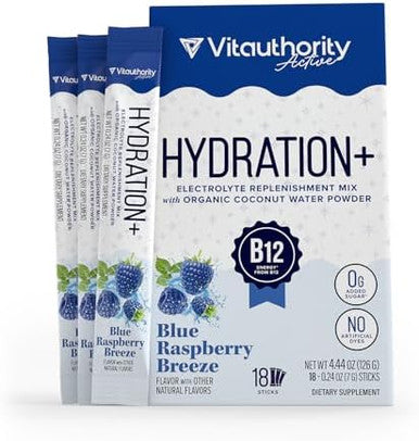 Vitauthority Hydration Electrolyte Powder Packets Blend Magnesium Calcium Sodium Potassium Coconut Water + Vitamin C & B12 Sugar-, Vegan, Non-Gmo, Energy & Immune Support, 18 Servings Blue Raspberry Flavor