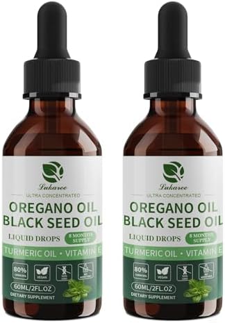 Lukaree Oil Of Oregano With Black Seed Oil 4 In 1 Oregano Oil Drops With Turmeric Oil & Vitamin E 80% Carvacrol Immune Respiratory Digestive " Vegan Sugar Nongmo " 8 Month Supply 2 Fl Oz