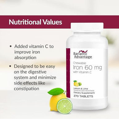 Bariatric Advantage Chewable Iron 60 Mg With Vitamin C For Increased Absorption And Utilization Easily Digestible For Gastric Bypass And Sleeve Gastrectomy Surgery Patients Lemon Lime 90 Count