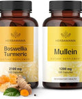 Herbamama Boswellia Turmeric And Mullein Leaf Capsules Kit - Bundle Of 2100 Mg Boswellia Turmeric & 1200 Mg Mullein Leaf Capsules - Vegan Non Gmo Gelatin- - 2 Pack