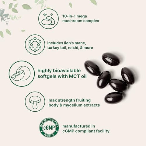 Micro Ingredients 10 In 1 Mega Mushroom Complex Supplement Lions Mane Cordyceps Reishi Chaga & More 240 Softgels With Mct Oil 4 Month Supply Adaptogenic Functional Mushroom Blend