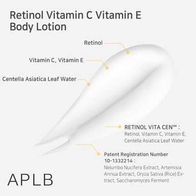 APLB Retinol Vitamin C Vitamin E Body Lotion RETINOL VITA CEN 9.3% 10.14 FL.OZ/Korean Skincare Long lasting hydration Wrinkle Care Revitalize for gentle and improve skin texture