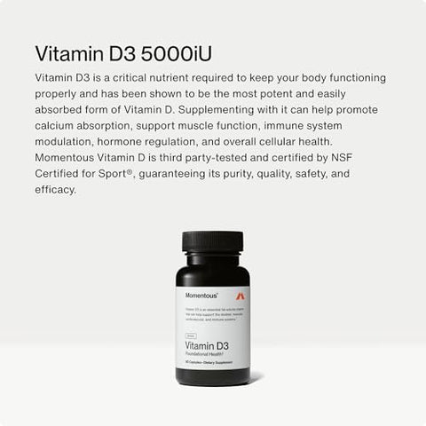 Momentous Vitamin D3 Supplement 5000 IU Capsules for Foundational Health Support NSF Certified for Sport Gluten Free 60 Servings