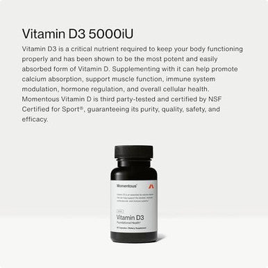 Momentous Vitamin D3 Supplement - 5000 Iu Capsules For Foundational Health Support - Nsf Certified, Gluten Free, 60 Servings