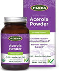 Flora Acerola Powder Vitamin C & Antioxidants Immune Support Supplement Organic Nongmo & Vegan 1.7 Oz. Glass Bottle