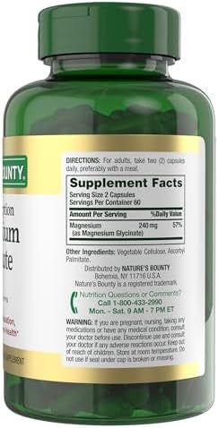Nature's Bounty High Absorption Magnesium Glycinate For Supporting Muscle Relaxation And Bone Heart & Nerve Health Non-Gmo Gluten- Vegetarian /60 Servings 240 Mg 120 Count