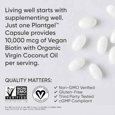Sports Research Vegan Biotin 10,000Mcg With Coconut Oil - Max Strength Biotin Vitamin B7 For Skin And Keratin Support - Non-Gmo & Gluten Free, 120 Softgels (4 Month Supply)