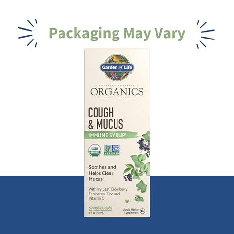 Garden Of Life Organics Elderberry Zinc Immune Support For Adults And Kids 12 And Older Organic Cough & Mucus Immune Syrup With Ivy Leaf Vitamin C And Echinacea No Added Sugars 5 Fl Oz