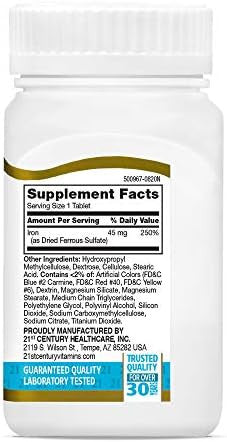 21St Century Slow-Release Iron Supplement, 60 Count, High Potency Iron Tablets With 142 Mg Ferrous Sulfate, Gluten Iron Supplement For Women & Men, With No Added Yeast Or Artificial Flavors