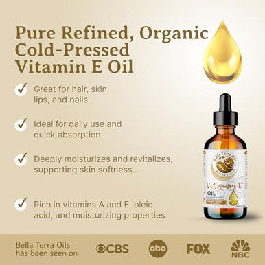 Bella Terra Oils - Organic Vitamin E Oil 4Oz - Unveiling Organic Wheat Germ'S Organic Vitamin Excellence Rich In D-Alpha Tocopherol & Fatty Acids Essence Of Skin Nourishment