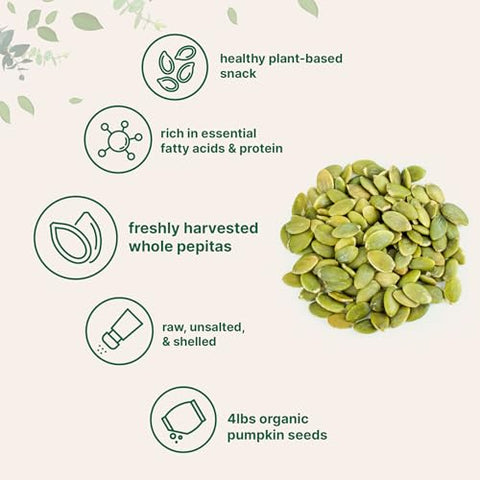 Organic Pumpkin Seeds, 4lbs | Raw, Unsalted, & Shelled ÃƒÂ¢Ã¢â€šÂ¬Ã¢â‚¬Å“ Whole Pepitas | Pumpkin Seeds to Eat | Great for Baking, Smoothies, & Salad Toppings | Natural Source of Essential Fatty Acids, Protein, & Iron