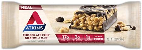 Atkins Chocolate Chip Granola Protein Meal Bar High Fiber 17G Protein 1G Sugar 3G Net Carbs Meal Keto Friendly 8 Count