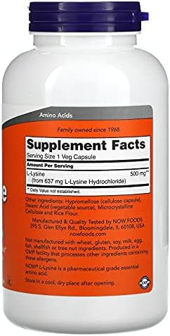 Now Foods Supplements Llysine (Llysine Monohydrochloride) 500 Mg Amino Acid 100 Veg Capsules