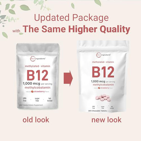 Micro Ingredients Vitamin B12 1000 Mcg Methylcobalamin 365 Chewable Tablets Fast Dissolve Natural Strawberry Flavor Supports Energy & Metabolism Health Vegan Non-Gmo Gluten Free