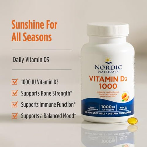 Nordic Naturals Vitamin D3 1000 Orange - 120 Mini Soft Gels - 1000 Iu Vitamin D3 - Supports Healthy Bones Mood & Immune System Function - Non-Gmo 120 Servings