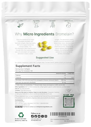 Micro Ingredients Bromelain 500Mg With Quercetin & Mct Oil 240 Enteric Coated Softgels Ultra Absorption Bromelain Supplement Natural Digestive Enzymes For Digestion & Joint Health Non-Gmo Gluten Free