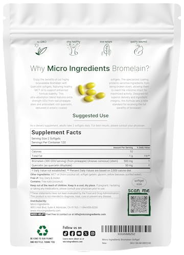 Micro Ingredients Bromelain 500Mg With Quercetin & Mct Oil 240 Enteric Coated Softgels Ultra Absorption Bromelain Supplement Natural Digestive Enzymes For Digestion & Joint Health Non-Gmo Gluten Free