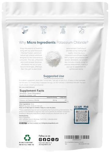 Micro Ingredients Potassium Chloride Powder 1 Kg (35 Ounce) Salt Substitute & Essential Hydration Electrolyte Supplement Supports Mineral Balance Heart Joint And Immune Health Filler Free Dissolves Easily