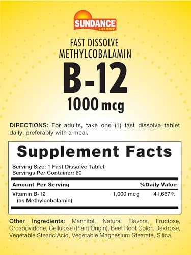 Sundance Vitamin B12 1000 mcg Fast Dissolve Tablets As Methylcobalamin Vegetarian NonGMO and Gluten Free Supplement