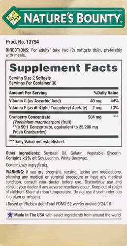 Nature's Bounty Cranberry Dietary Supplement Supports Urinary Tract And Immune Health Softgels 25 200 Mg 60 Ct