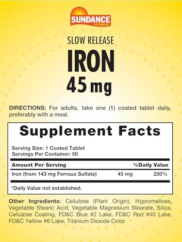 Sundance Iron 45Mg Slow Release Pills 50 Tablets Essential Mineral Supplement Vegetarian Nongmo And Gluten Formula