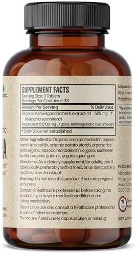 Futurebiotics Organic Ashwagandha Stress Mood & Energy Support Adaptogenic Herb Nongmo 100 Organic Tablets
