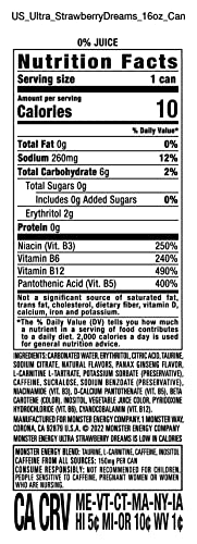 Monster Energy Ultra Strawberry Dreams, Sugar Free Energy Drink, 16oz