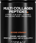 Codeage Multi Collagen Peptides Powder Probiotics Black Edition Vitamin C Hyaluronic Acid Powder Supplement Grass-Fed Hydrolyzed Zero Carbs Type I Ii Iii V & X Unflavored 10.58Oz
