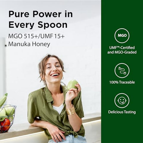 Flora - MÃƒâ€žÃ‚Ânuka Honey MGO 515+/15+ UMF, New Zealand Honey, 100% Traceable MGO,Natural Healing, Sore Throat Relief, Aids Digestion, 8.8-oz. Jar