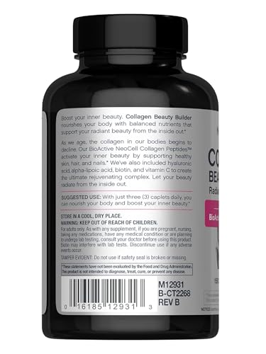 Neocell Collagen Beauty Builder 150 Caplets Grass Fed Bioactive Peptides With Biotin And Hyaluronic Acid Radiant Skin & Strong Nails Supplement