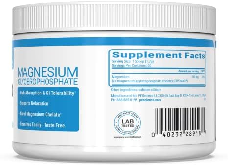 PEScience MagGP Magnesium Glycerophosphate Chelate Powder 60 Servings High Absorption Improved Sleep Calming Stress Relief and Cramp Support for Men and Women