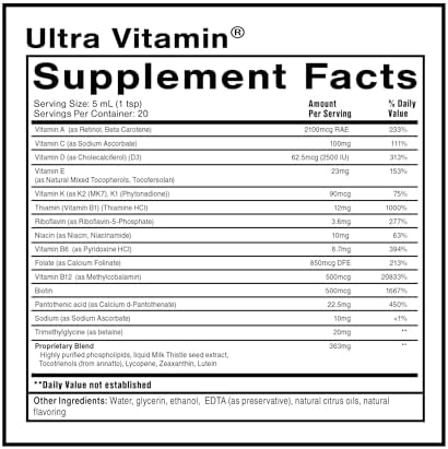 Quicksilver Scientific Liposomal Ultra Vitamin Liquid Multivitamin and Antioxidant Supplement for Energy Liver Health and Brain Support Bioactive B Complex Vitamin C D E and K (100ml)